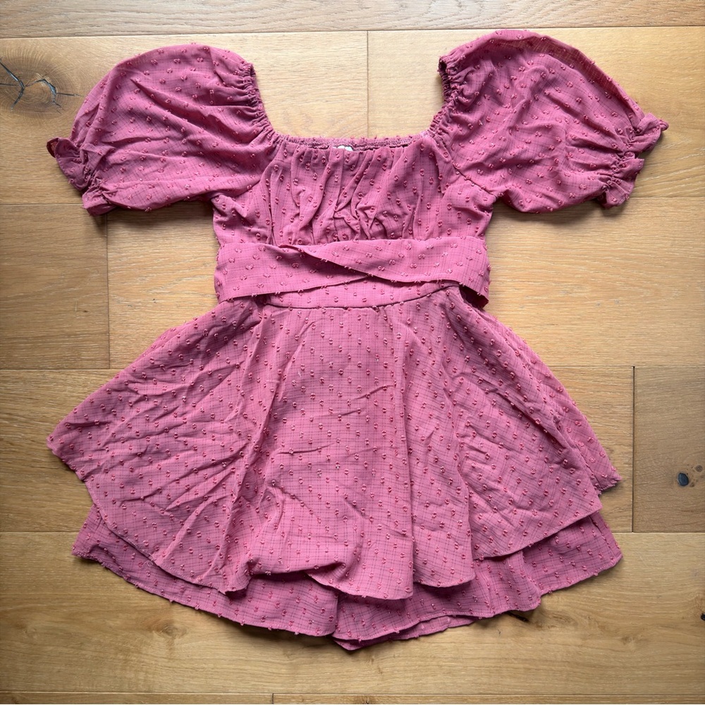 Rare Edition Dress Skort Romper Boho Puff Sleeve Pink Bow Smocking Girls 10 EUC